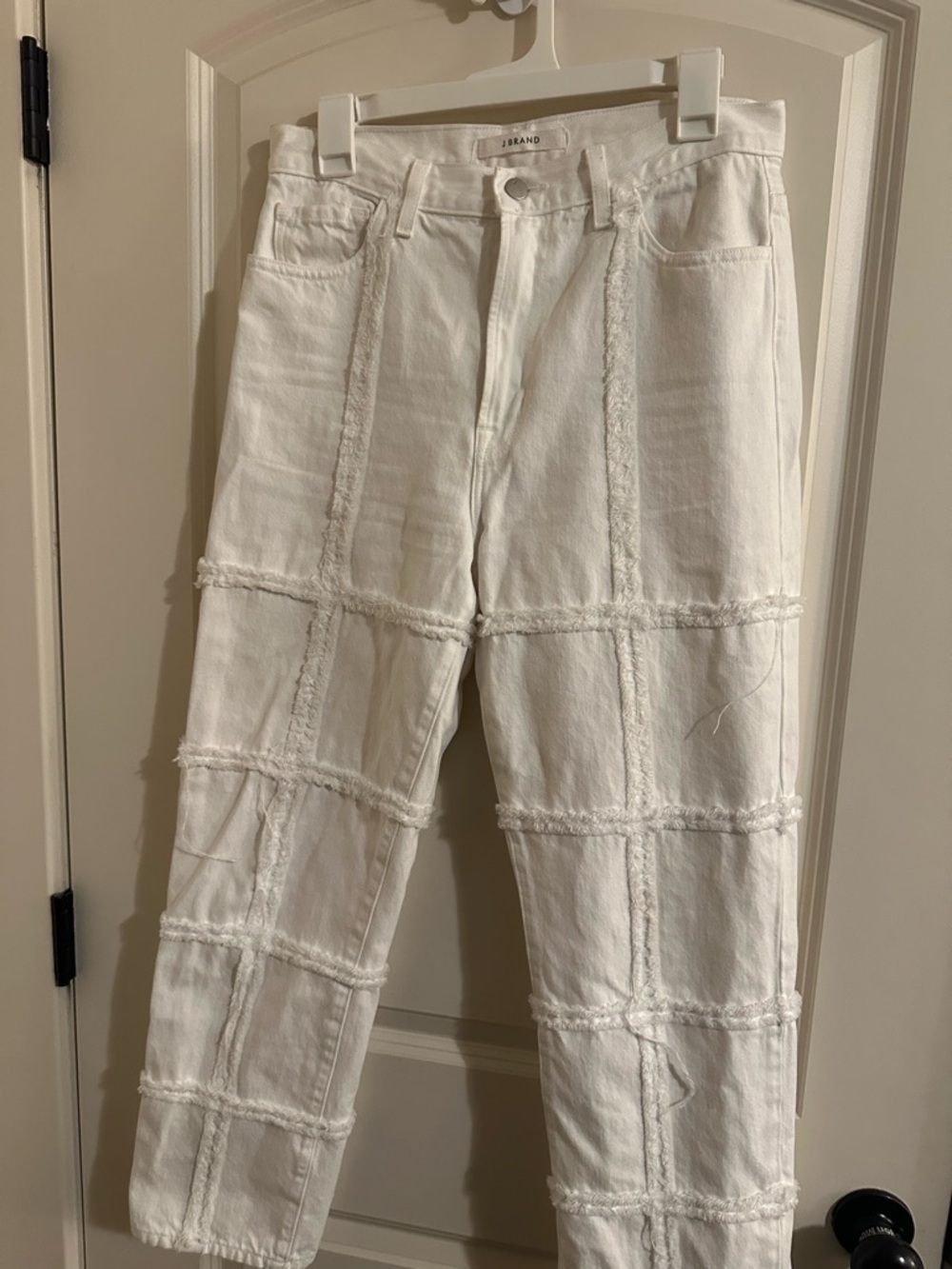 J Brand White Frayed Grid Straight-Leg Jeans